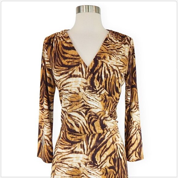 Jones NY New York Brown Tones Animal Print Stretch Jersey Wrap Look Dress M - Picture 2 of 4